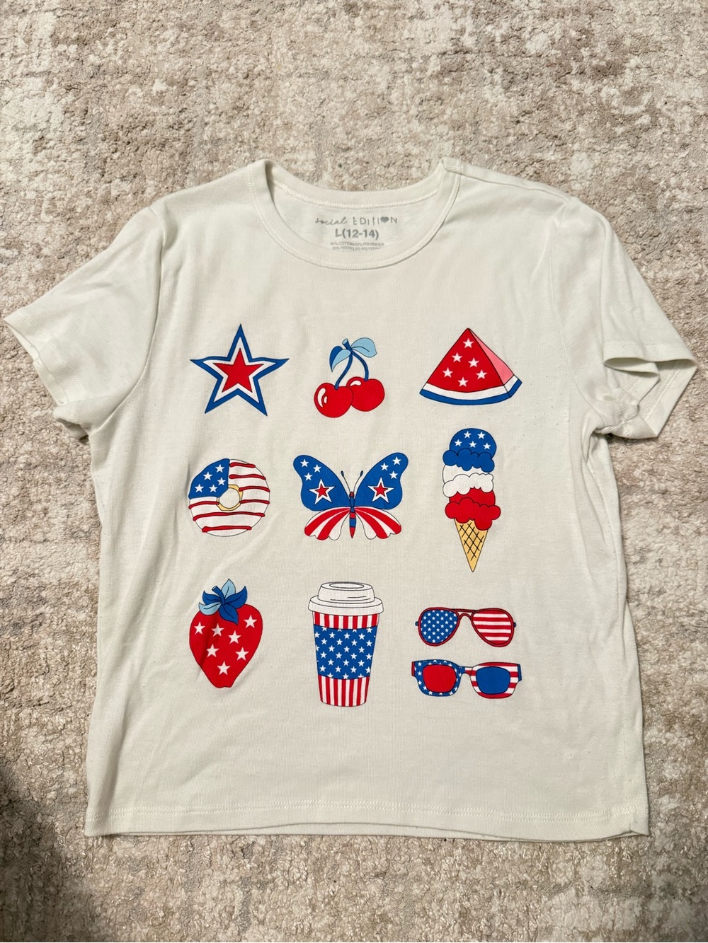 Social Editions' White Short Sleeve Graphic Tee with Red & Blue Summer Icons -L